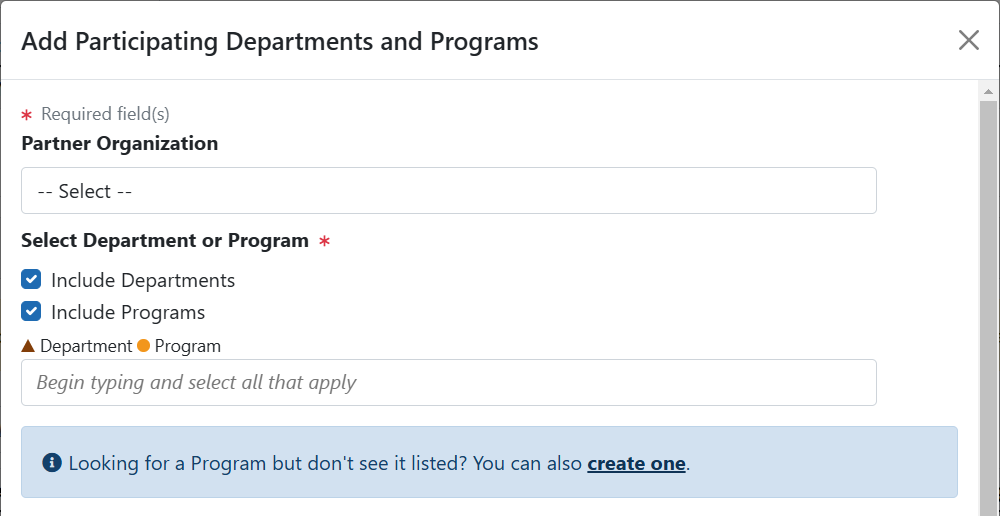 RTD for New Application Screen Displaying Add Department or Program Button