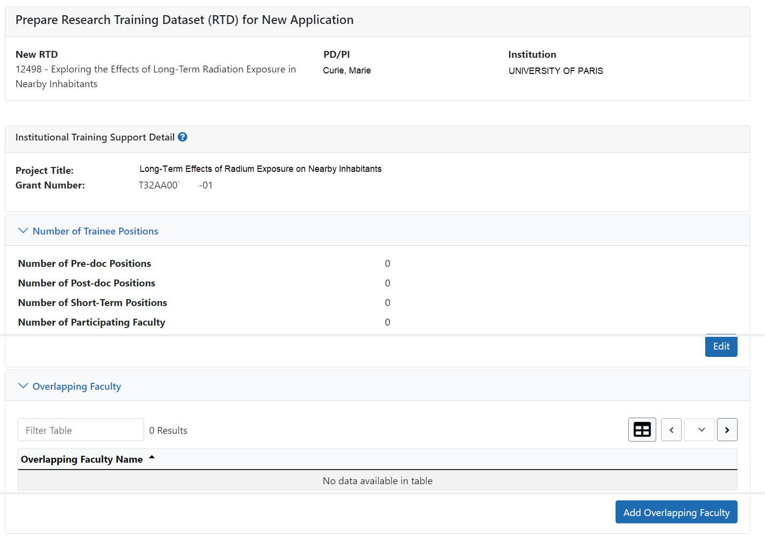Institutional Training Support Detail