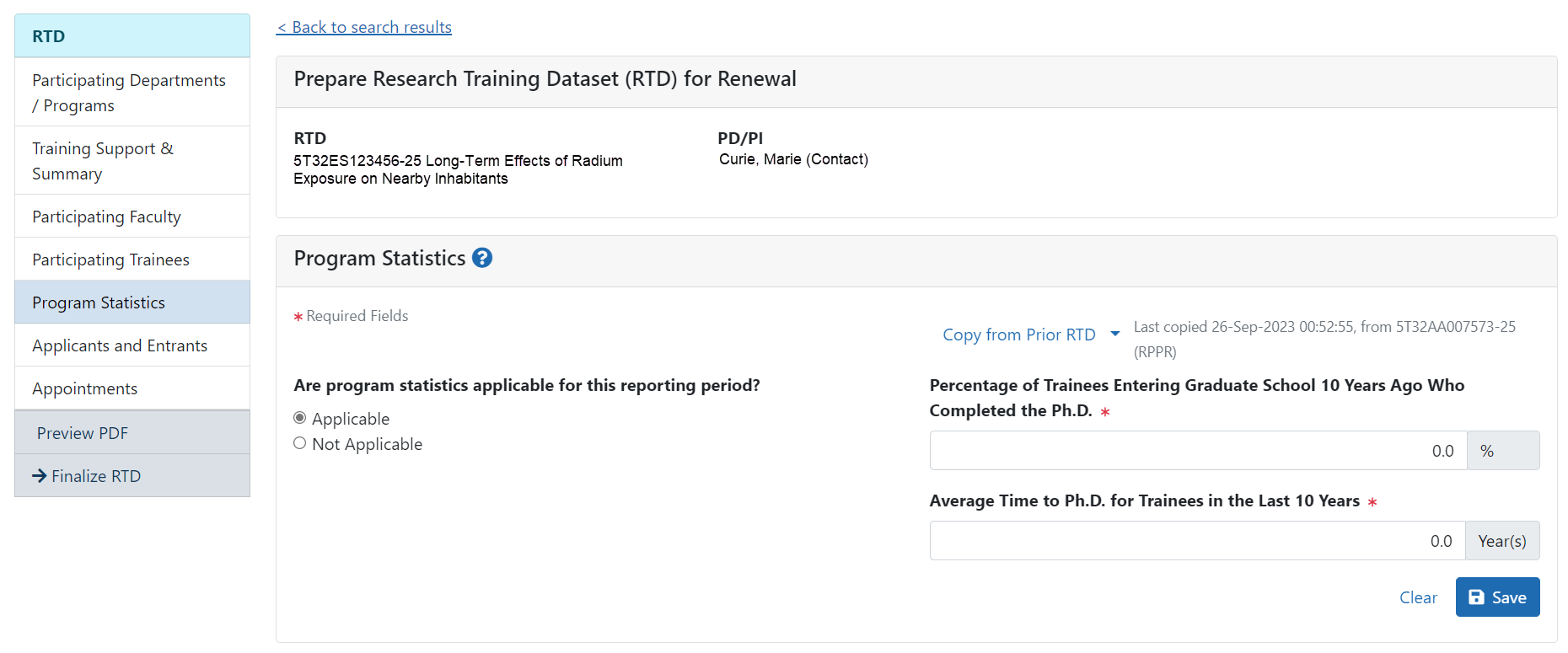 Program Statistics link in left menu