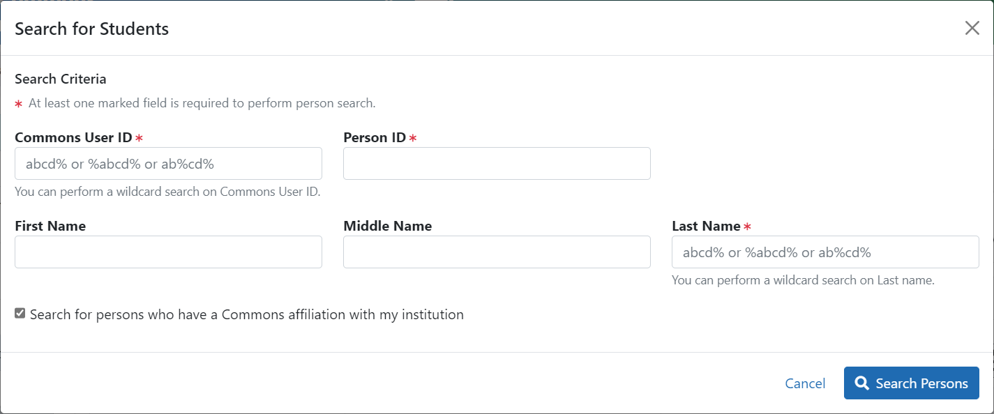 Search for Students pane