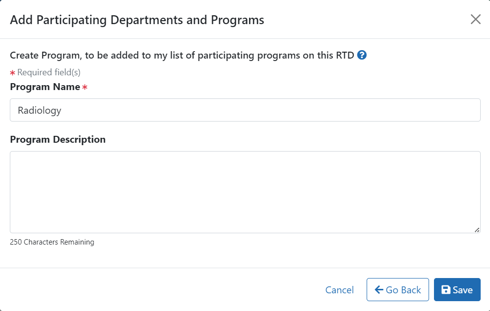 Add Participating Departments and Programs Screen