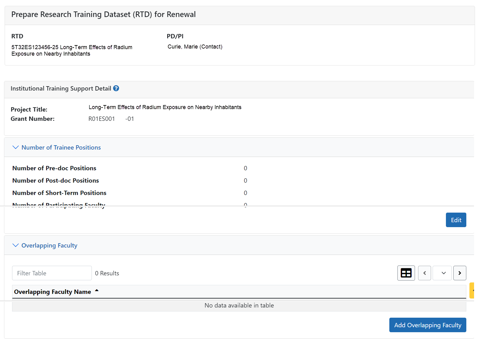 Institutional Training Support Detail