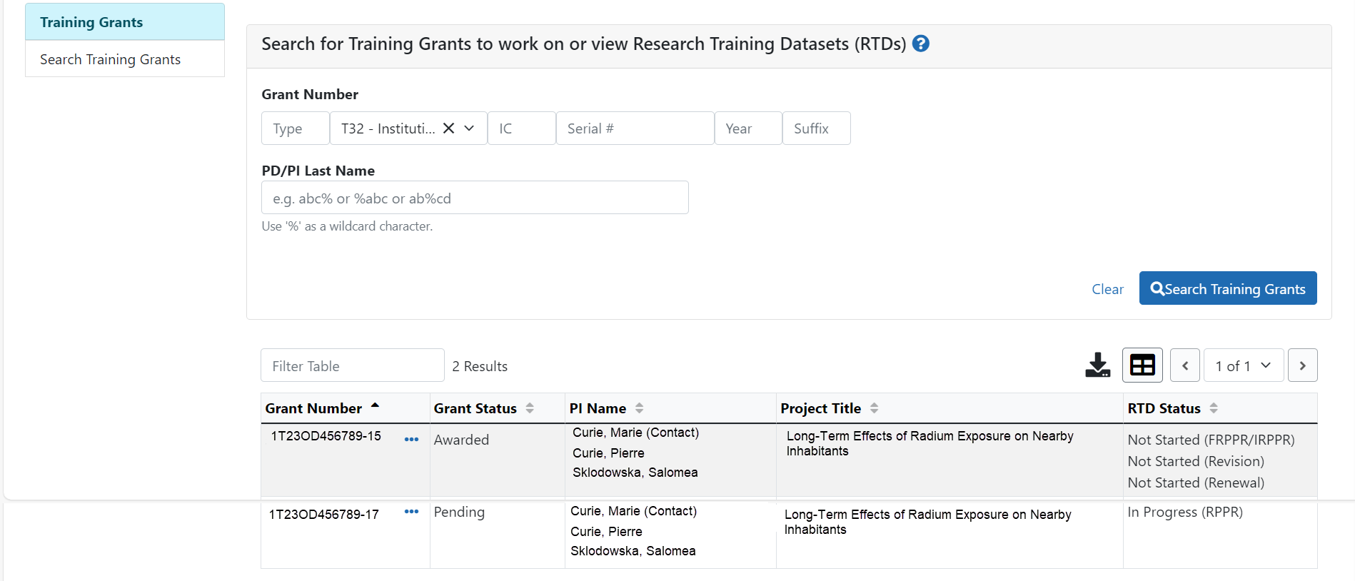 Searching for Training Grants Screen Displaying Search Results