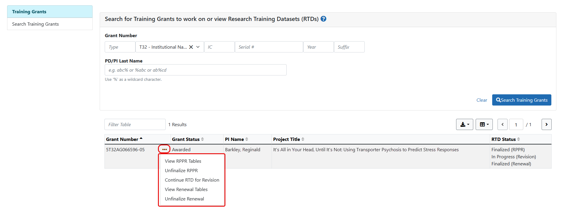 RTD search screen for RPPRs for revision, renewal, or to unfinalize screen showing action options