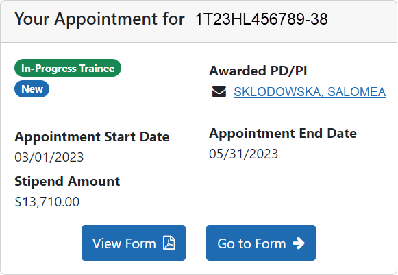 Trainee Appointment Form currently in progress with the trainee