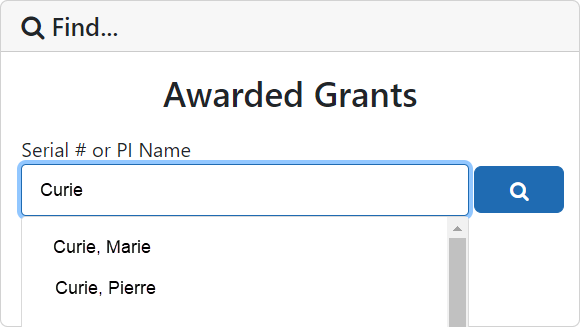 Awarded Grants card search with typeahead suggestions displayed