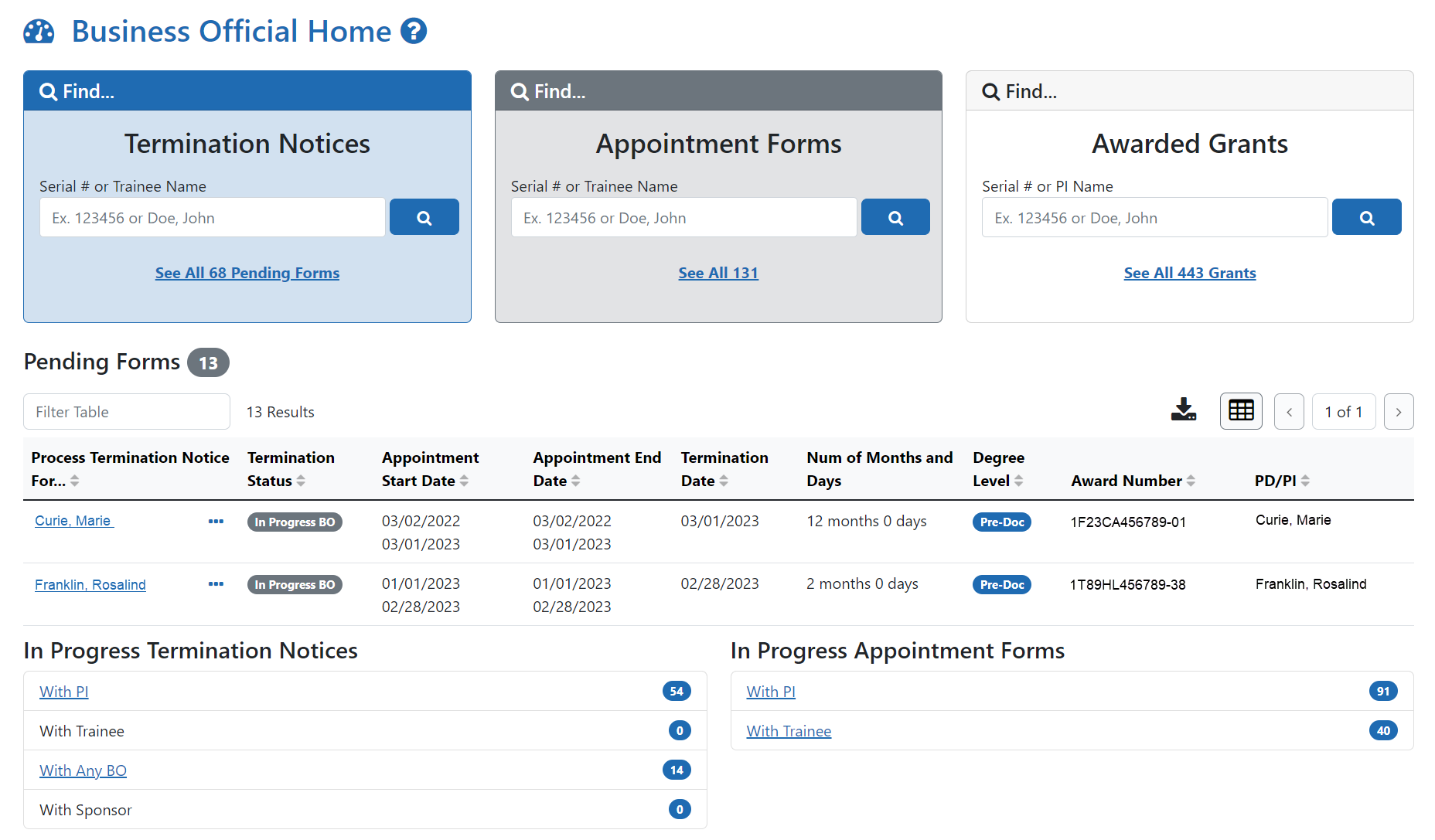 Business Official/Signing Official Home Screen