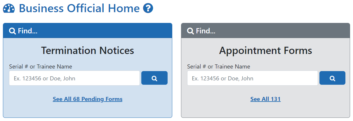 Pending Termination Notices and Pending Appointment Forms cards