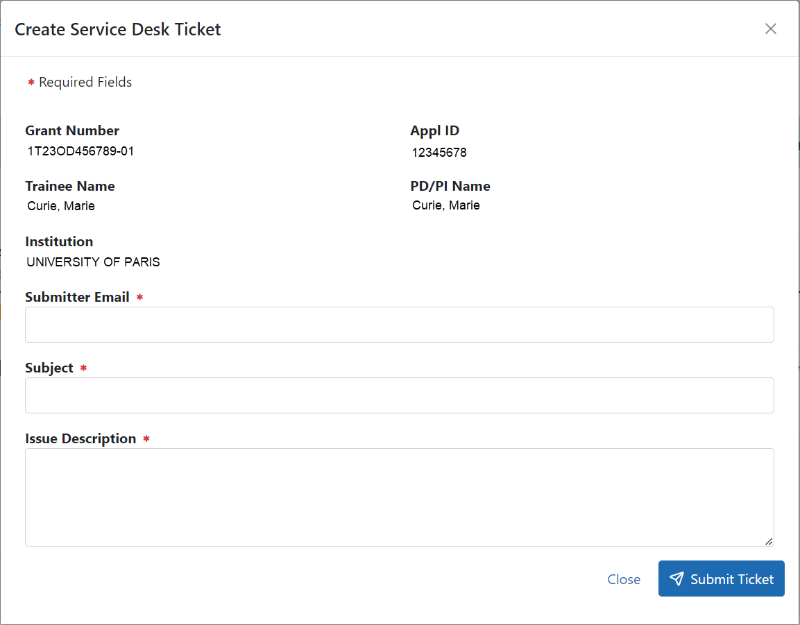 Create Service Desk Ticket screen with prefilled grant and trainee informatio0n