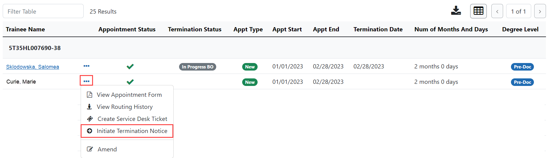 Trainee Roster with Actions button and Initiate Termination Notice highlighted