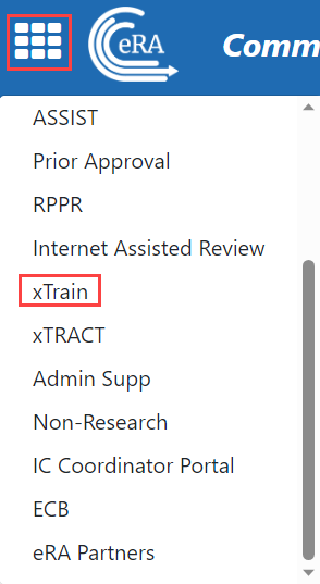 Apps menu with xTrain highlighted