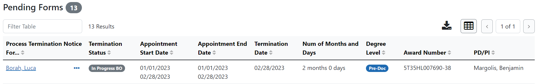 Pending Forms table on the Business Official Home screen