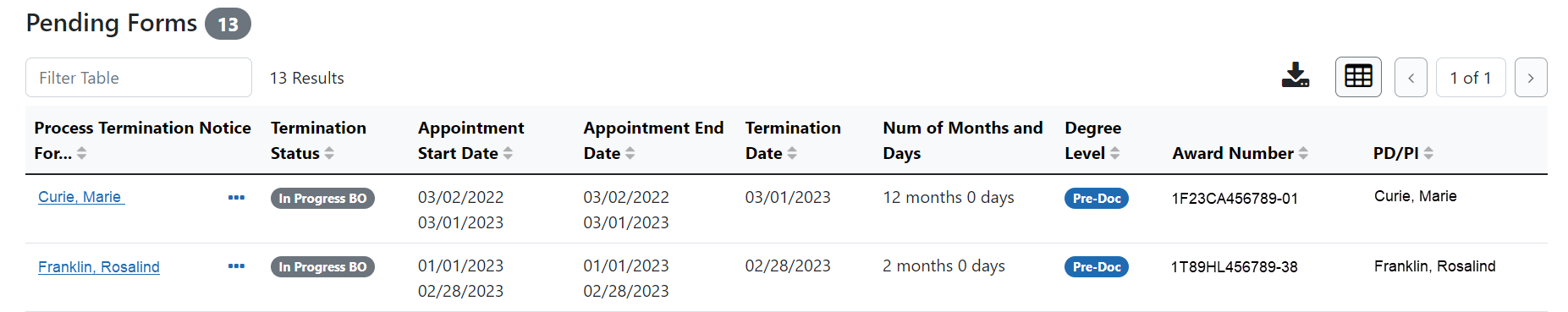 Pending Forms list