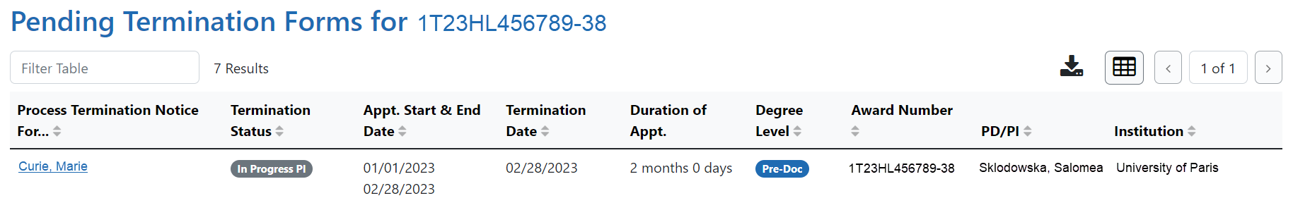 Pending Termination Forms screen