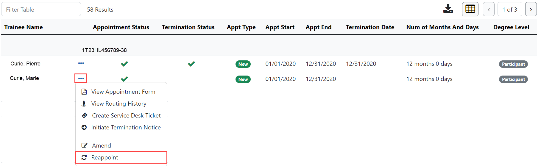 Trainee Roster with Actions and Reappoint highlighted