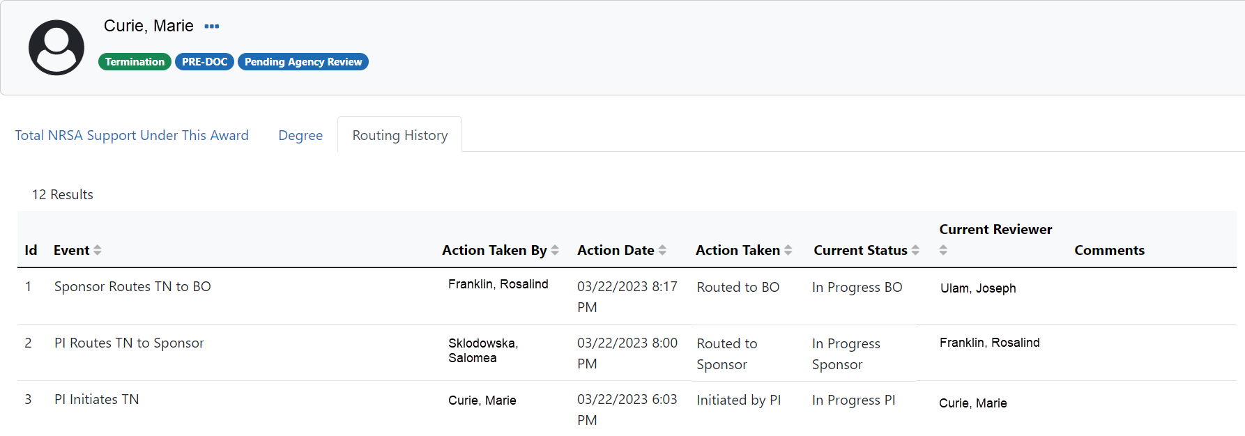 Routing History screen for termination notice