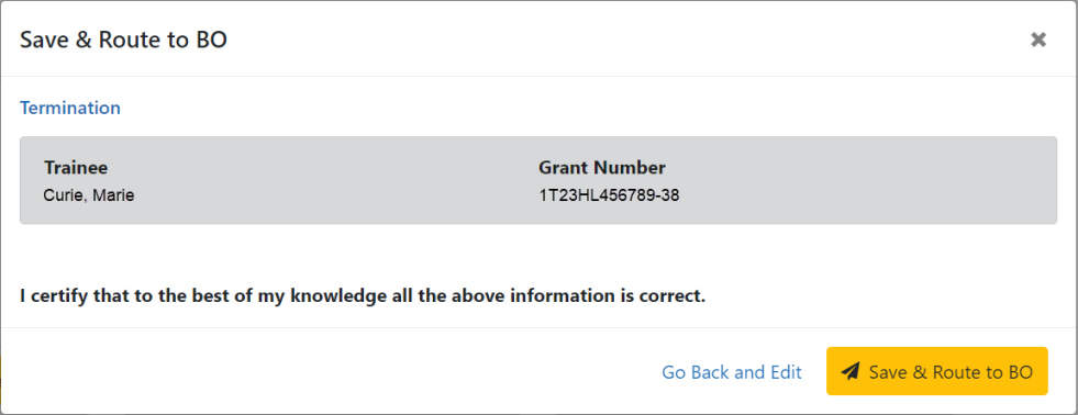 Route to Business Official confirmation message