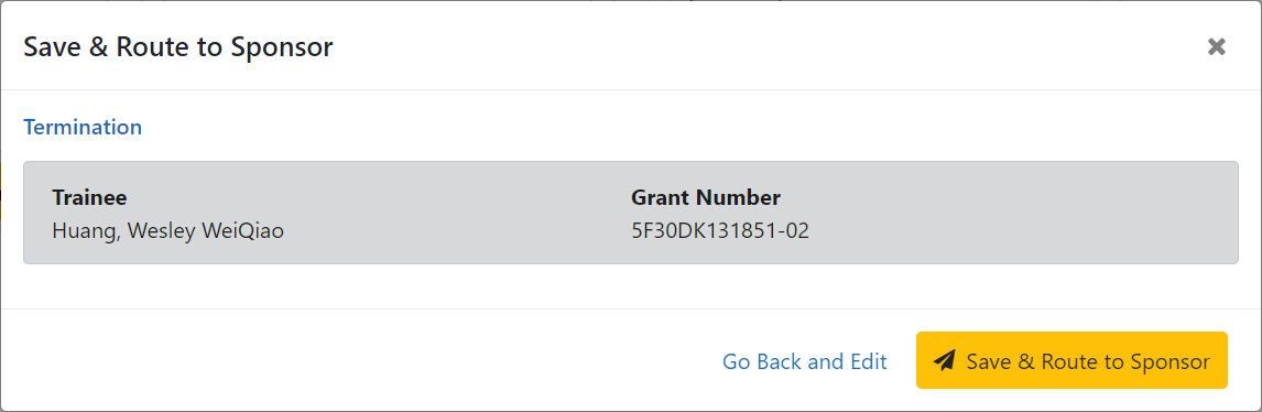 Save & Route to Sponsor confirmation screen
