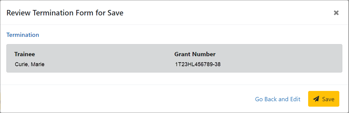 Termination Notice confirmation message
