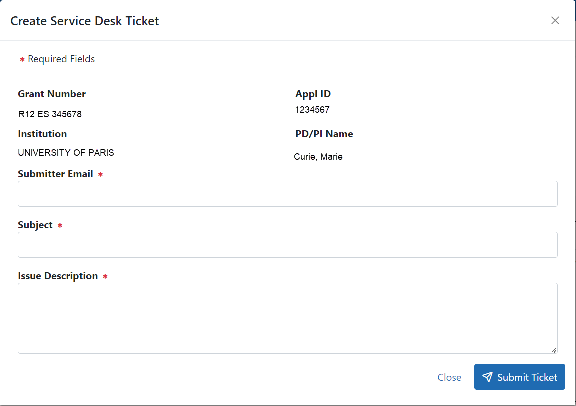 Create Service Desk Ticket screen