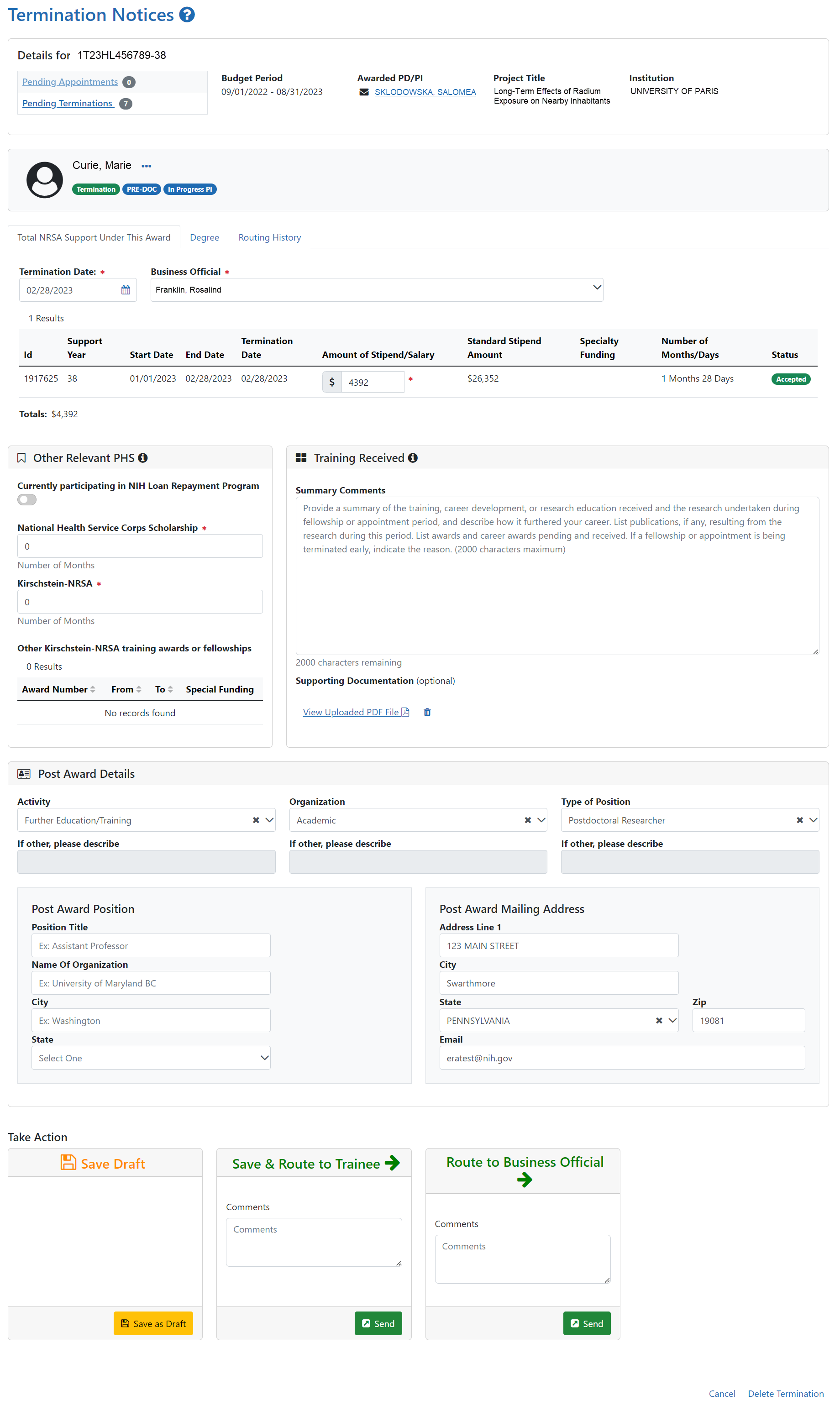 Termination Notices screen for PI processing