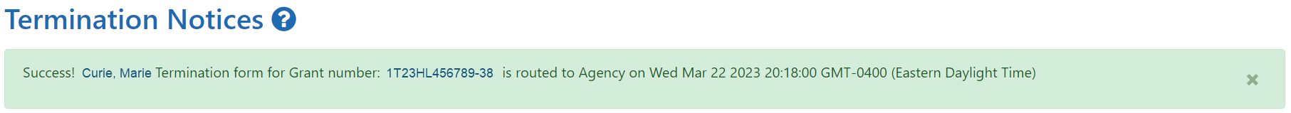 Termination Notice confirmation message