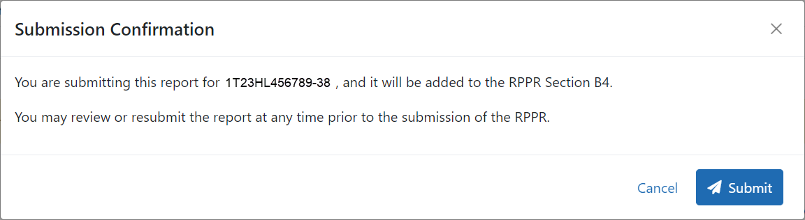 Submission Confirmation message for submitting the Trainee Diversity Report for RPPR