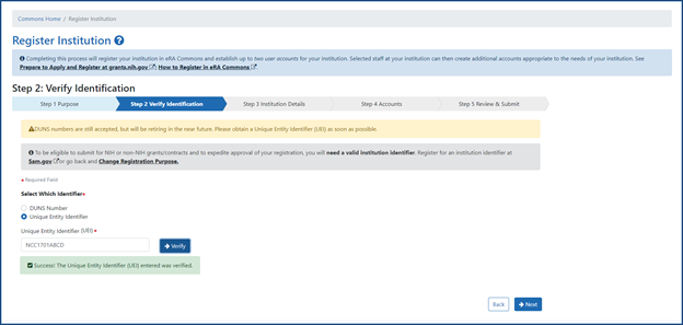 Register Institution screen, showing Step 2: Verify Identification