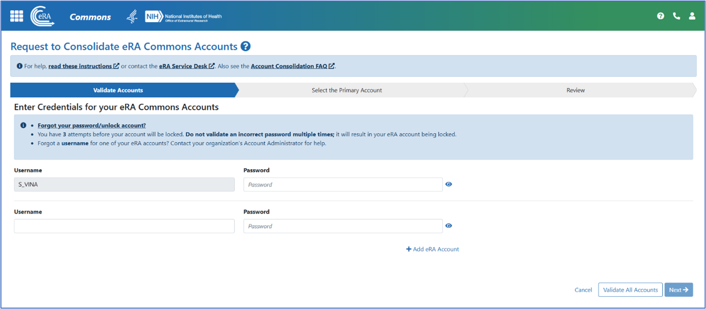 Figure 1: Dialog window to submit a request to consolidate multiple accounts.