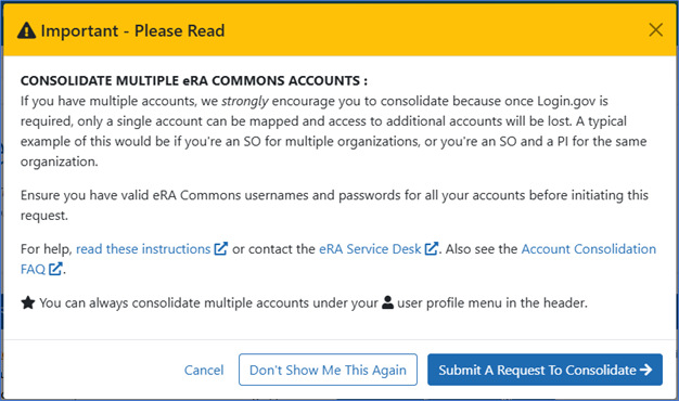 Figure 1: Dialog window to submit a request to consolidate multiple accounts.