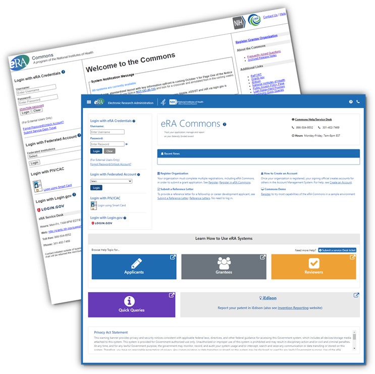 Screenshots of existing and future eRA Commons screens after log-in