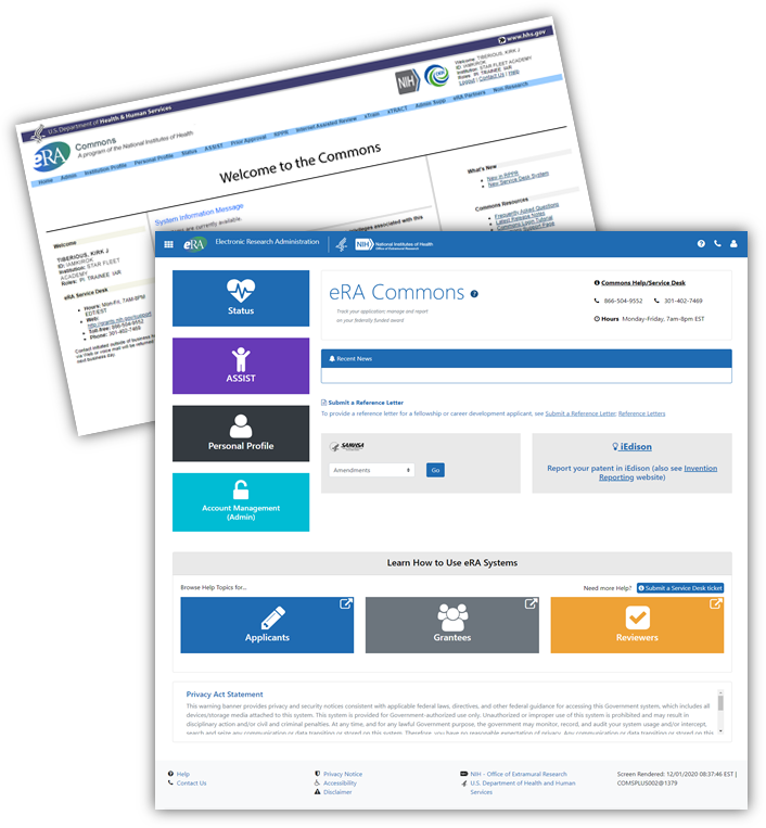 Screenshots of existing and future eRA Commons screens after log-in