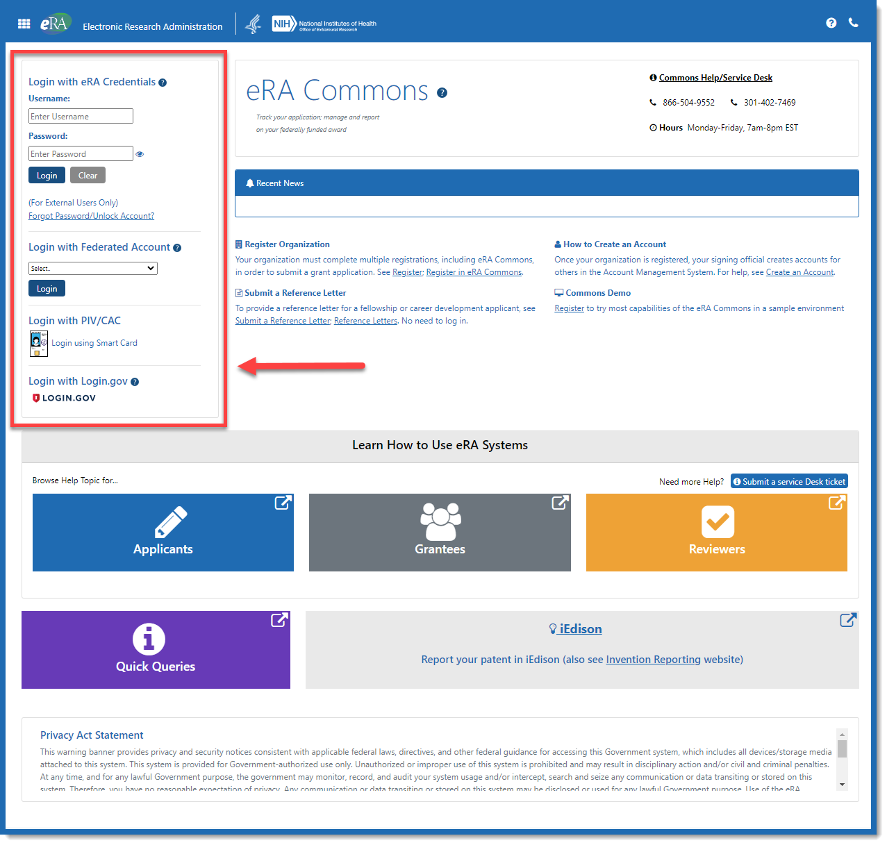 Log-in section image Log-in section of the eRA Commons home page