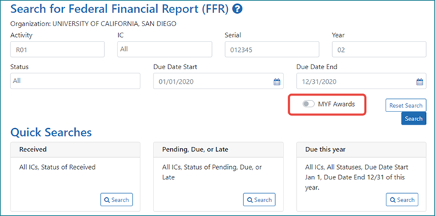 Figure 2: The new Search screen, with a new MYF Awards toggle for finding SAMHSA awards.