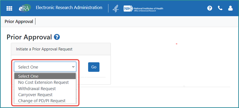 The Prior Approval screen showing the options for request types for NIH grants only