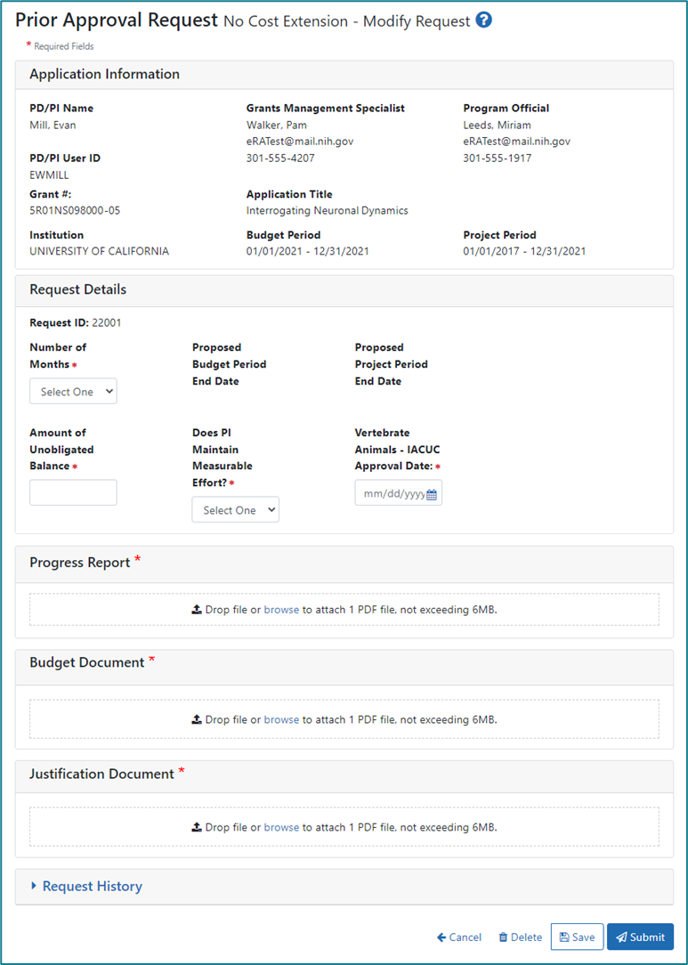 The NCE form when submitting through the Prior Approval tab for NIH grants only