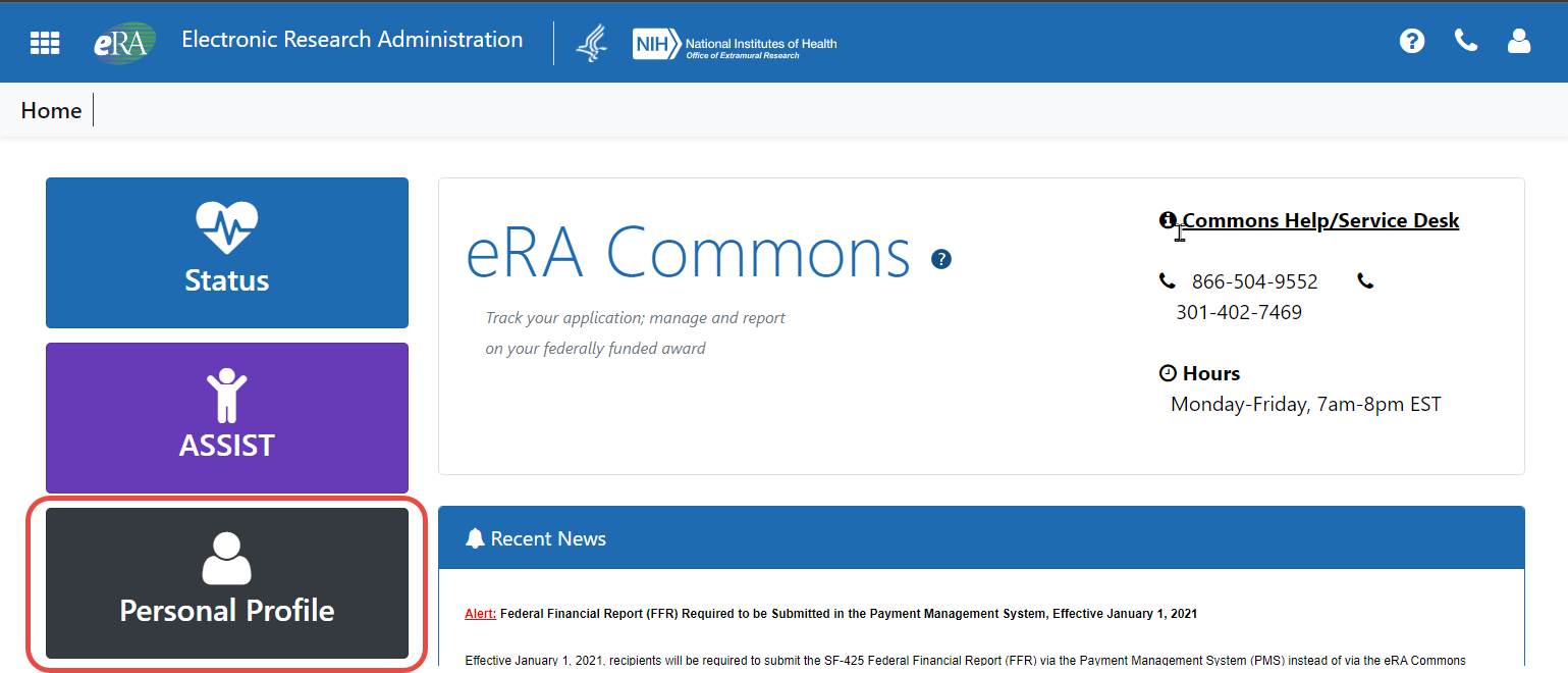 Personal Profile link on the eRA Commons navigation bar