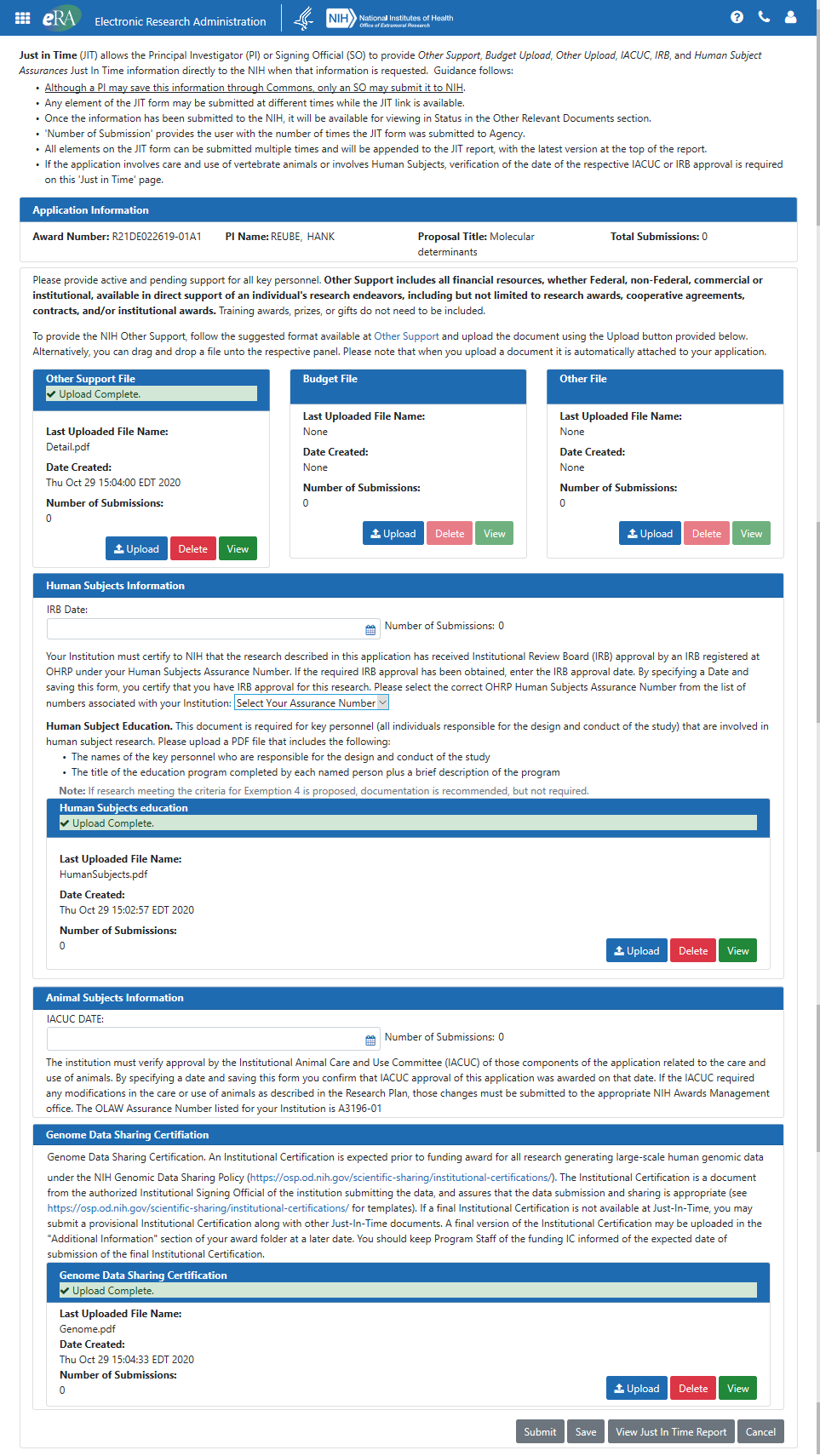 The Just-in-Time submission form, showing sections for the various uploads (i.e. Other Support, IRB Date, Human Subject Education, etc.)