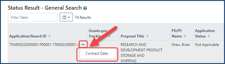 Figure 1: Contract Data action link in Status results for signing officials, to be used only by pilot users
