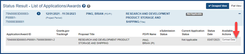 Figure 2: Contract Data action link in Status results for principal investigators, to be used only by pilot users