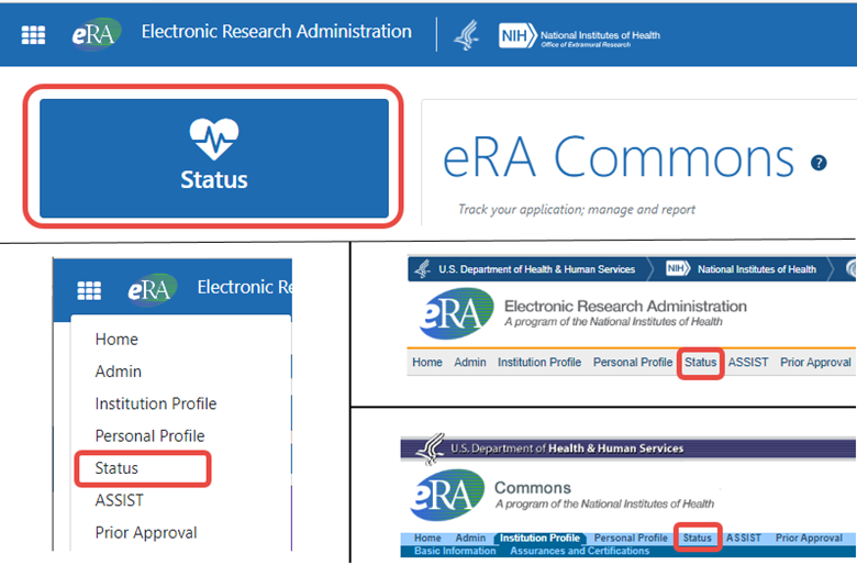 Figure 1: Shown are four different user interfaces for accessing the Status module in eRA Commons
