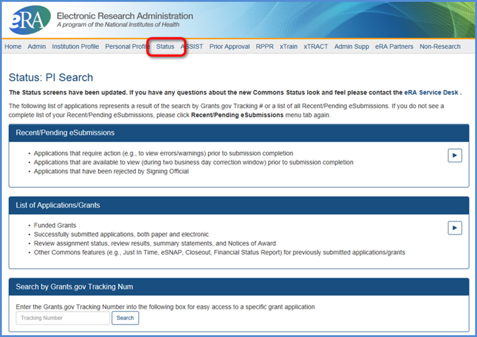 Figure 2: The PI Status Search screen showing the three categories for searching: Recent/Pending eSubmissions, List of Applications/Grants, and Search by Grants.gov Tracking Number