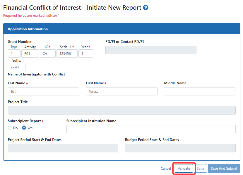 The FCOI Initiate New Report screen