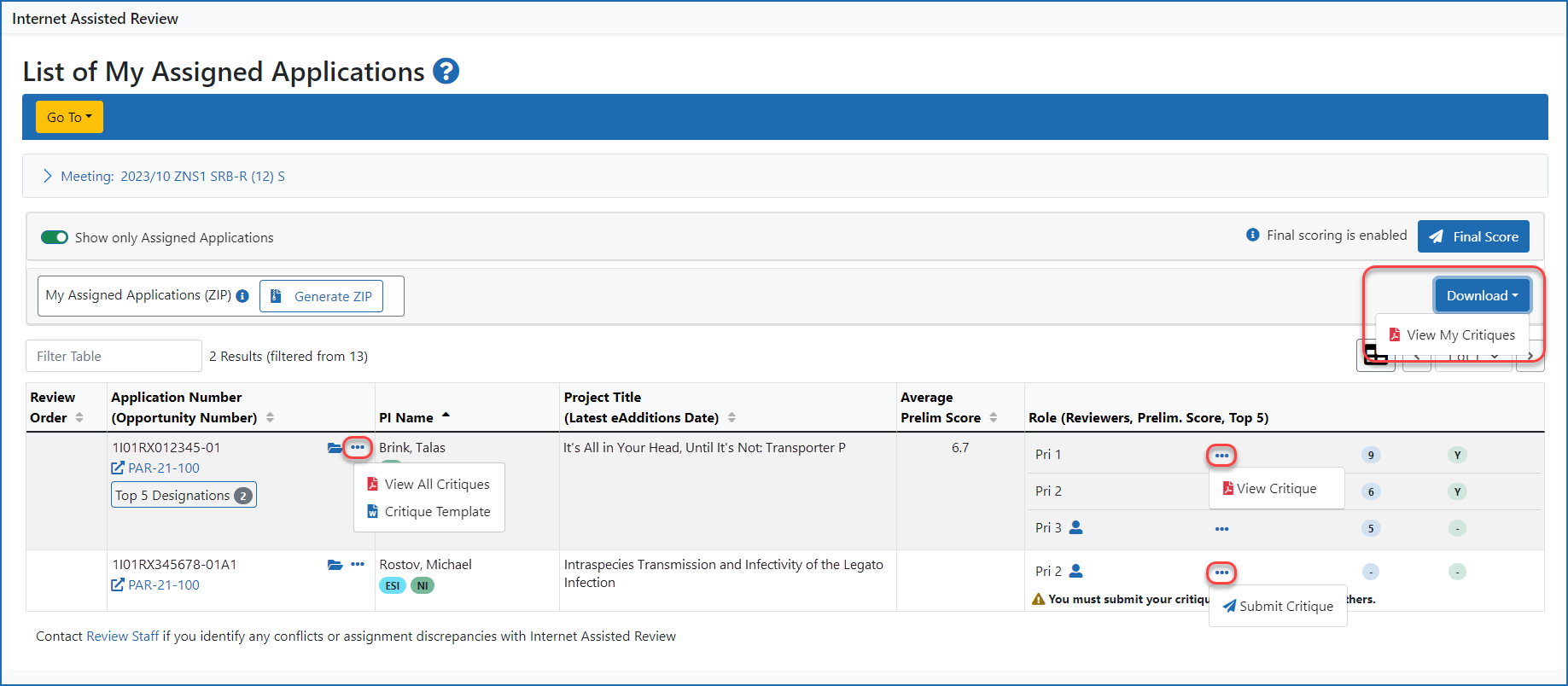 List of options for viewing critiques on the List of My Assigned Applications screen.