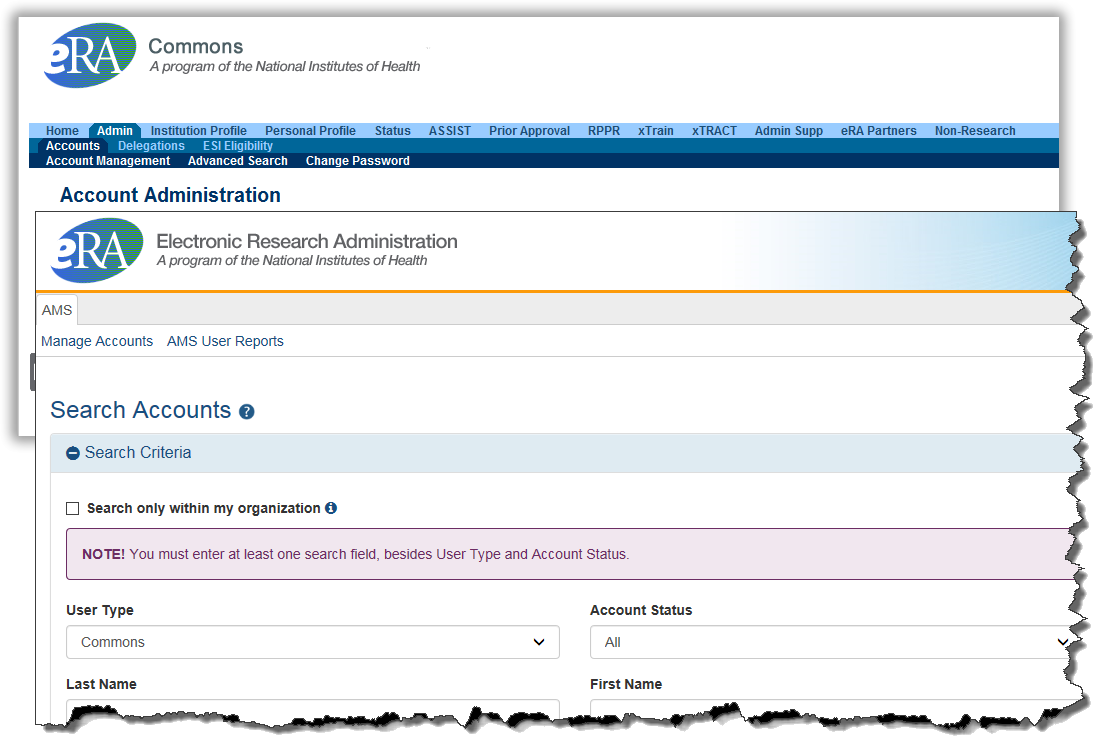 Navigation tabs to access AMS using eRA Commons