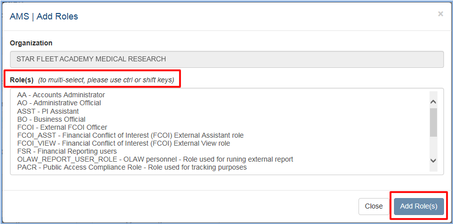 Figure 2: Account Management System Manage Add Roles screen showing instructions and button to add multiple roles simultaneously 