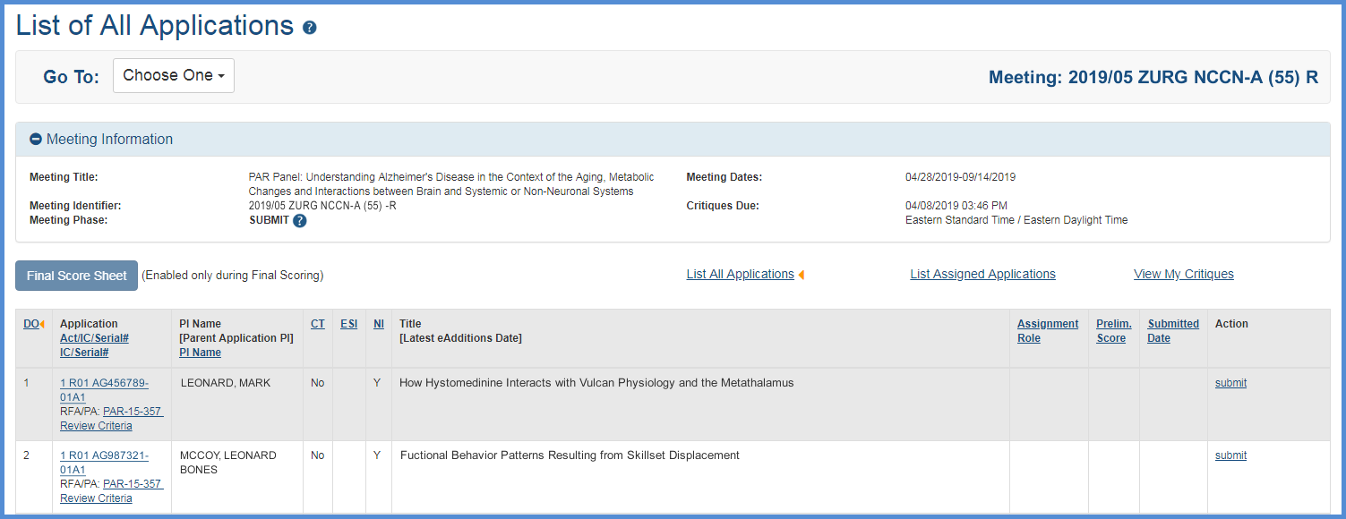 The List of All Applications screen with applications listed.