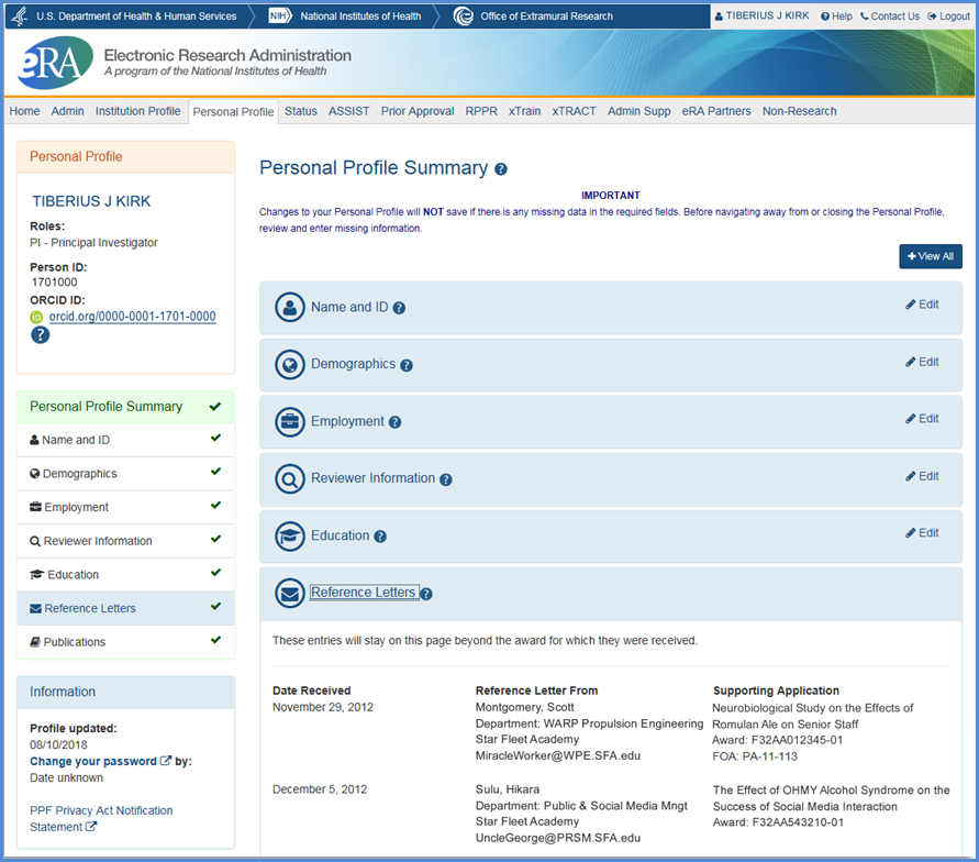 Reference Letters information for an applicant displayed on the Personal Profile Summary screen