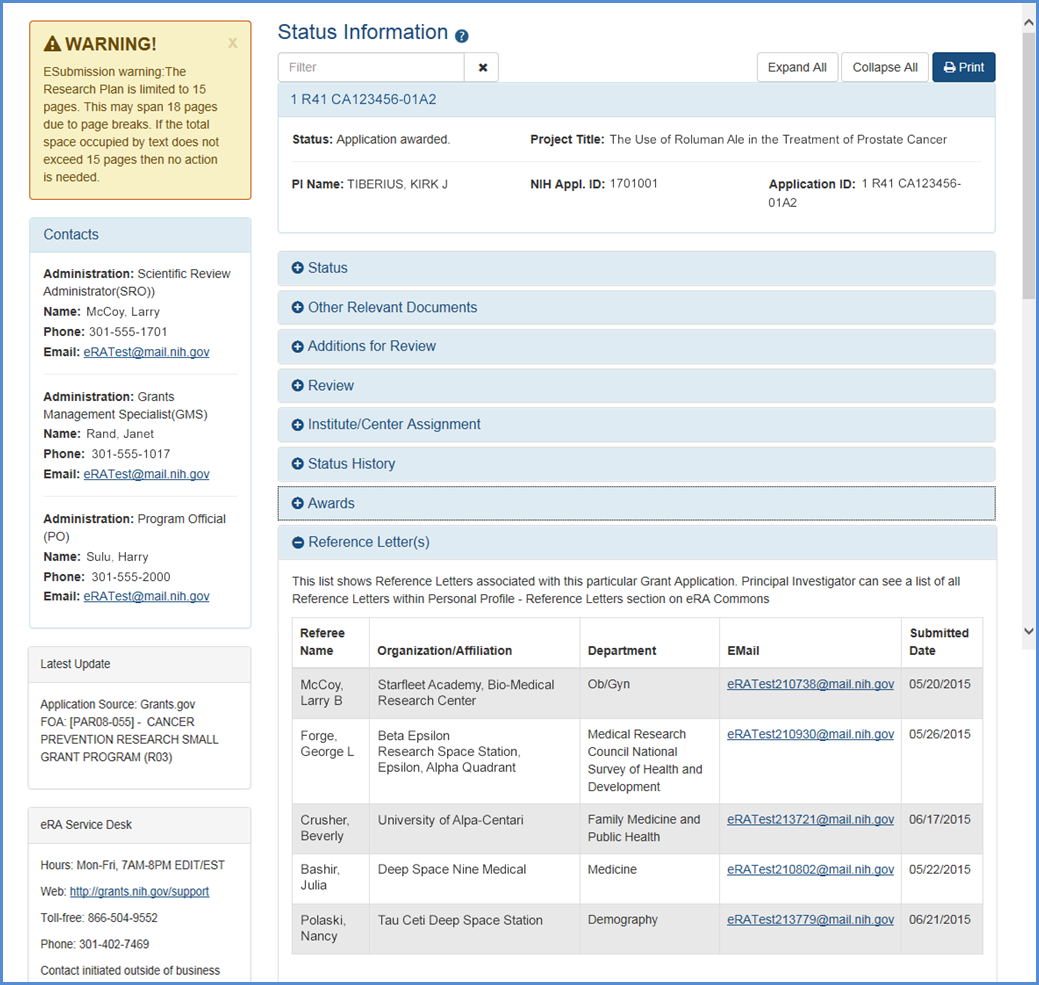 Reference Letter information for a submitted application displayed on the detailed Status information screen