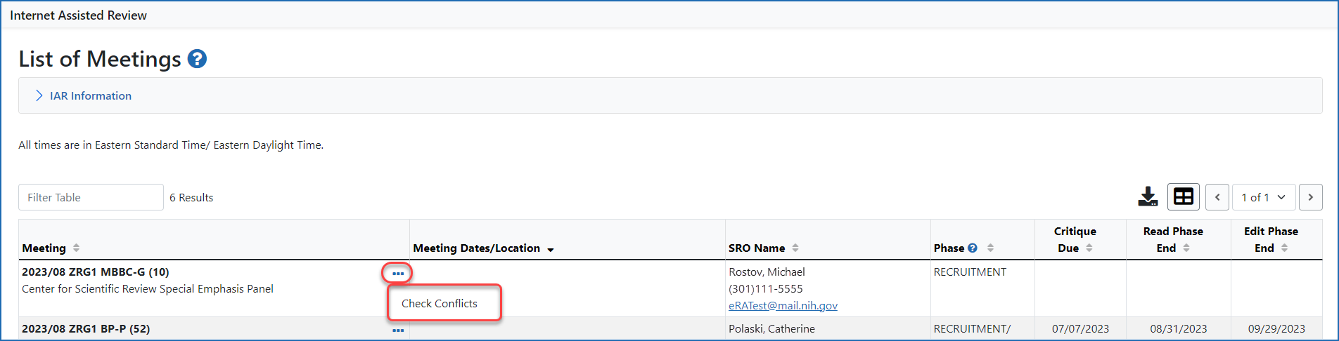 The link to the Check Conflicts accessed from the three-dot ellipses icon on the List of Meetings screen in IAR